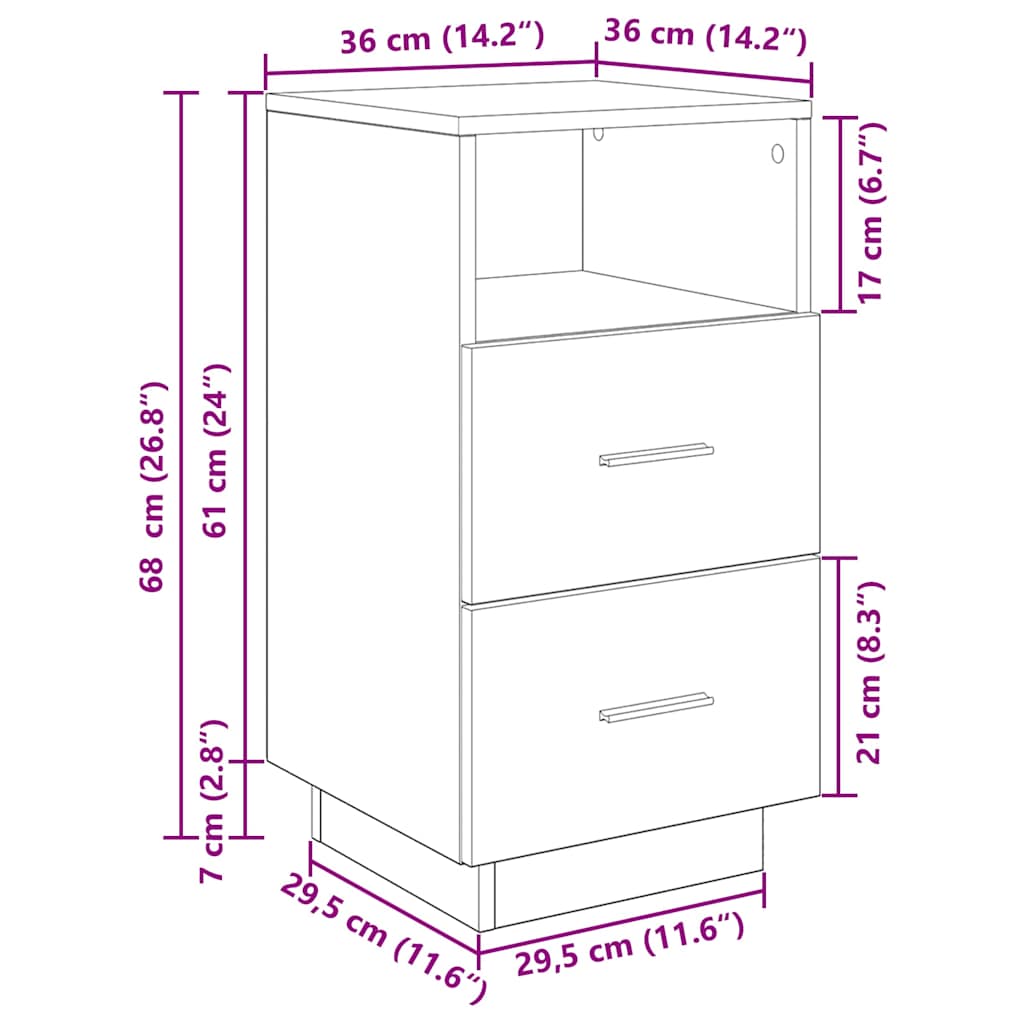 Mesas cabeceira 2pcs c/ 2gavetas 36x36x68 cm cinzento cimento