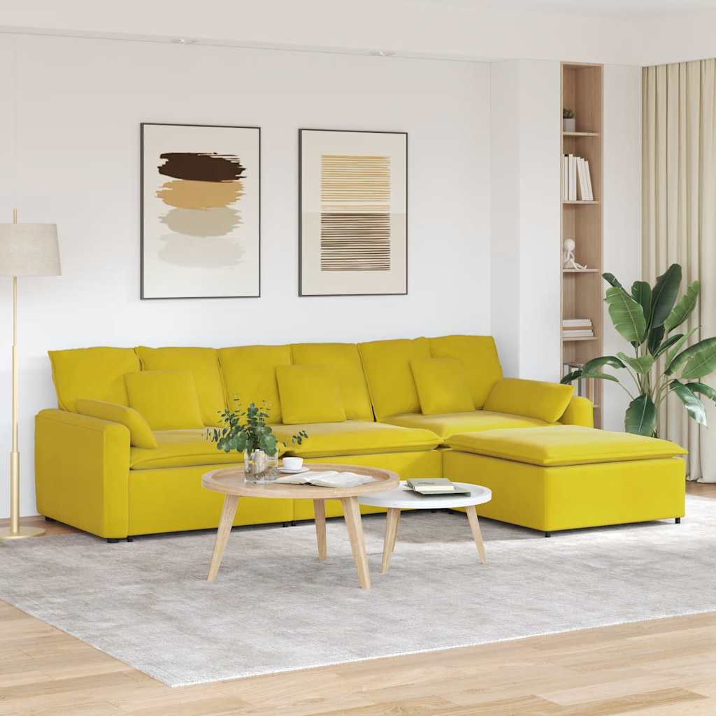 Sofá modular com pufes e almofadas amarelo