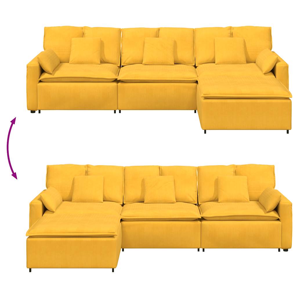 Sofá modular com pufes e almofadas amarelo-claro