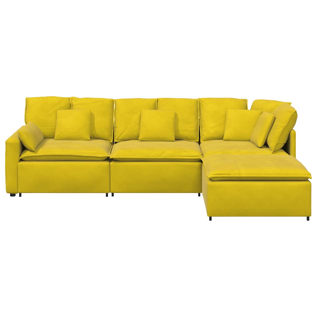 Sofá modular com pufes e almofadas veludo amarelo