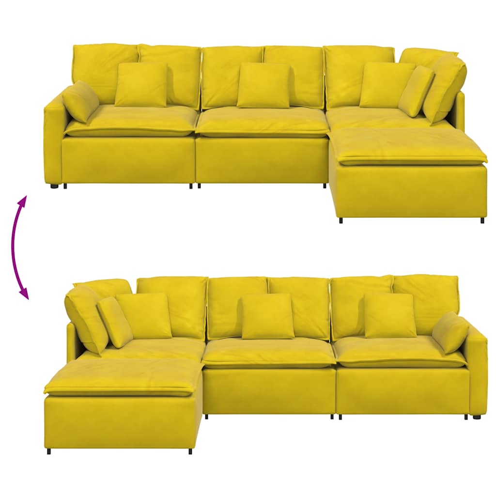 Sofá modular com pufes e almofadas veludo amarelo