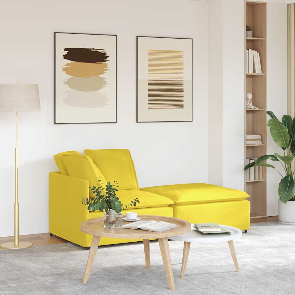 Sofá modular com pufes e almofadas tecido amarelo-claro