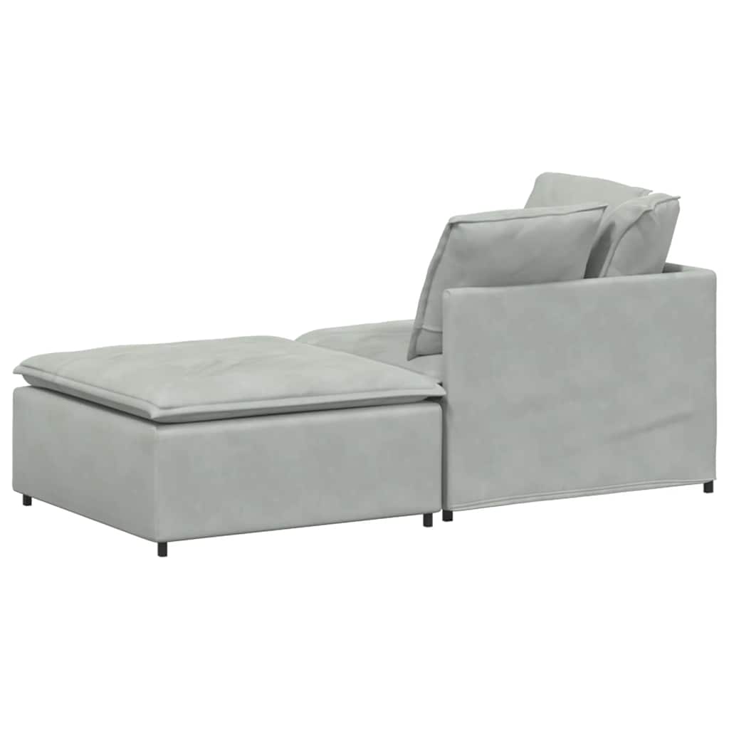 Sofá modular com pufes e almofadas veludo cinzento-claro