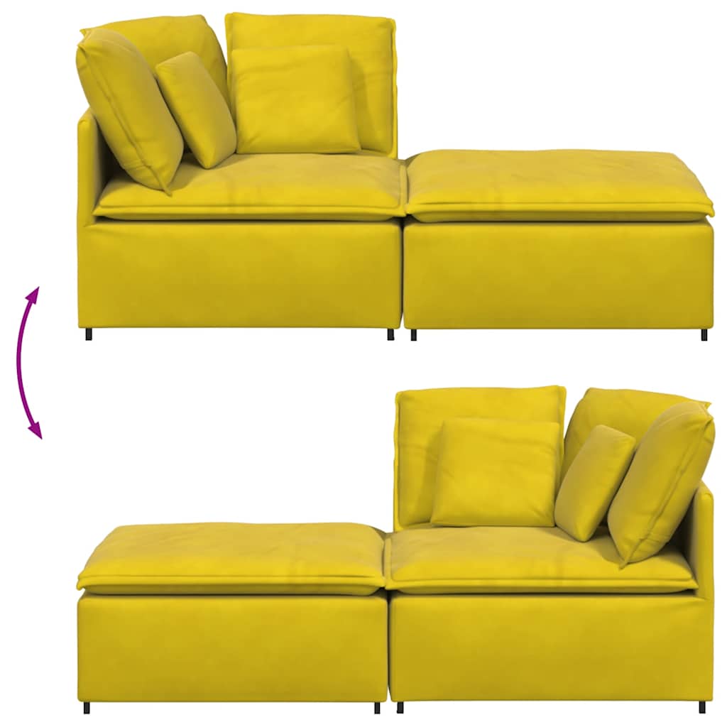 Sofá modular com pufes e almofadas veludo amarelo