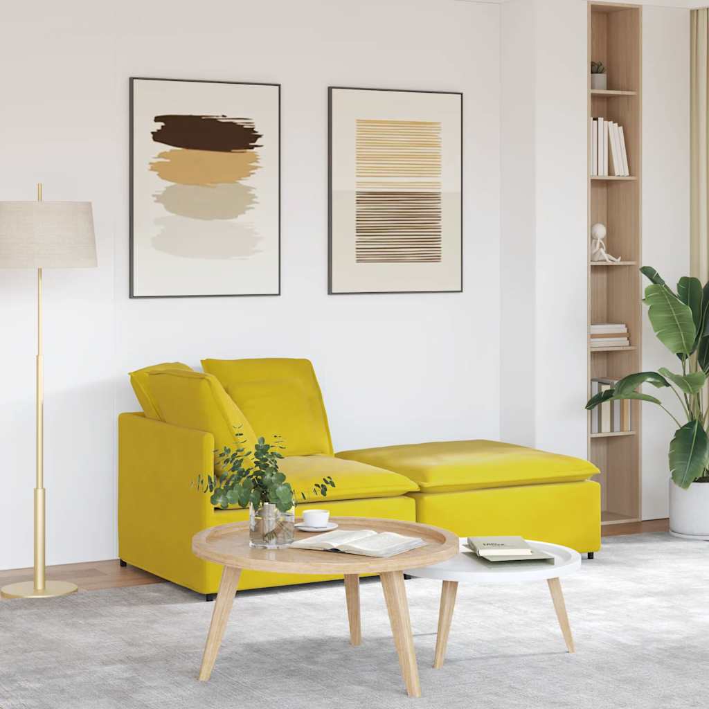 Sofá modular com pufes e almofadas veludo amarelo