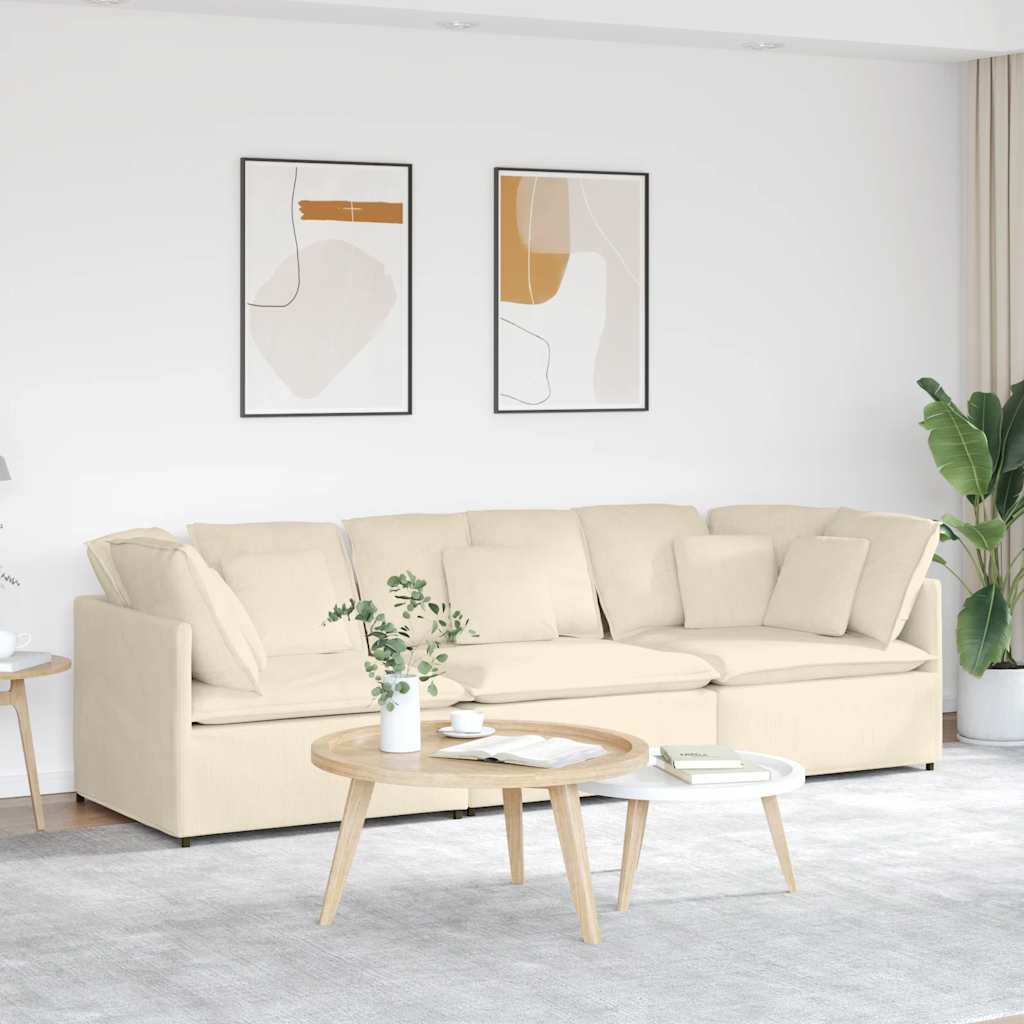 Sofá modular com almofadas tecido corduroy creme