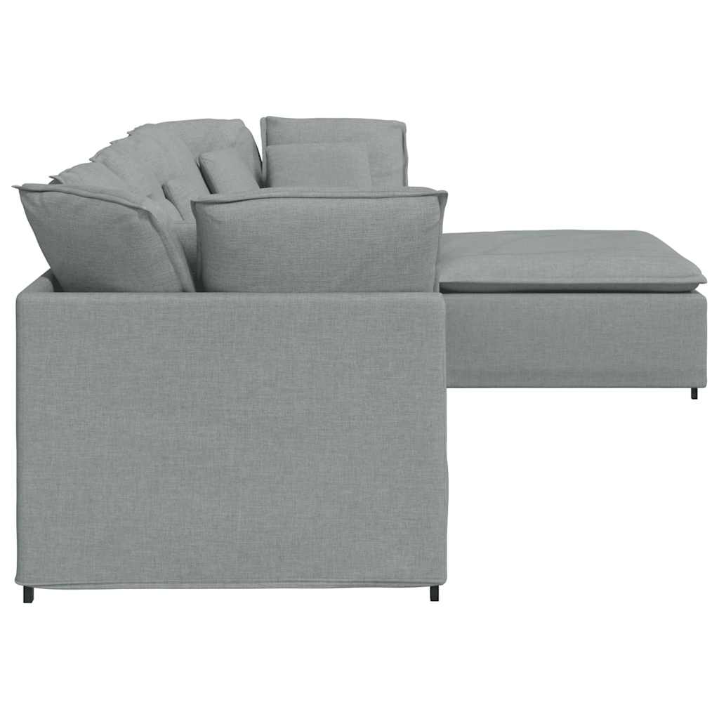 Sofá modular com pufes e almofadas tecido cinzento-claro