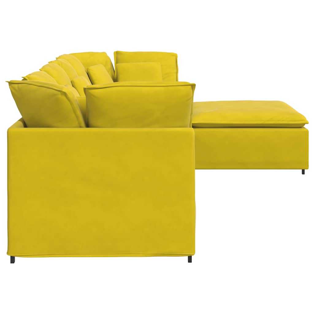 Sofá modular com pufes e almofadas veludo amarelo