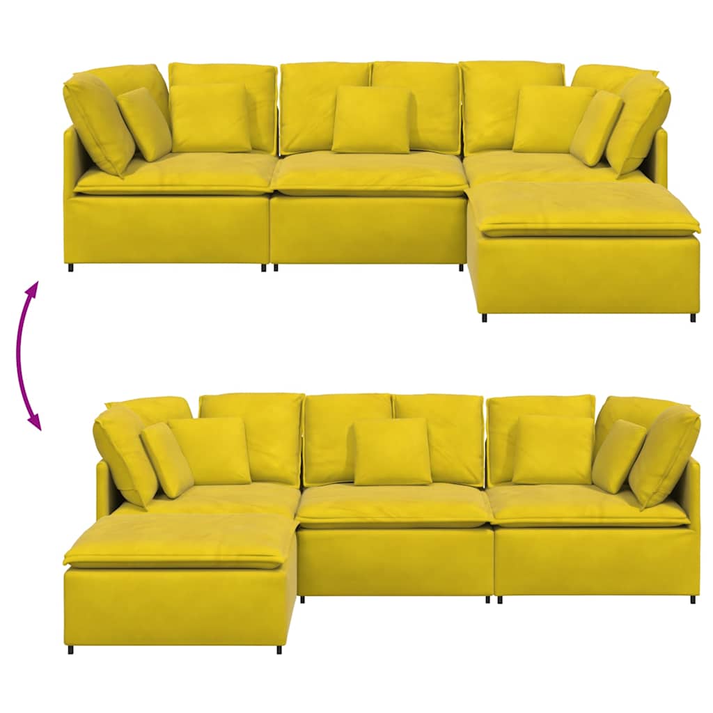Sofá modular com pufes e almofadas veludo amarelo