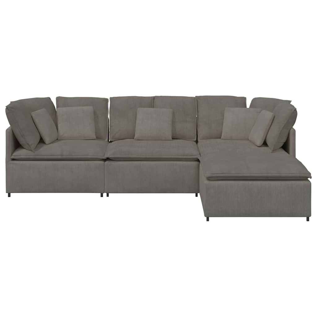 Sofá modular c/ pufes almofadas tecido corduroy cinzento-claro