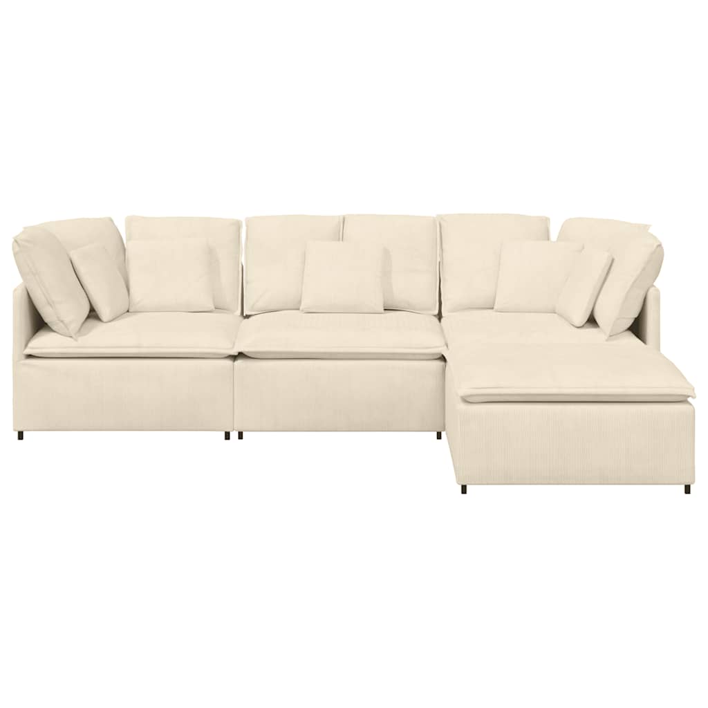 Sofá modular com pufes e almofadas tecido corduroy creme