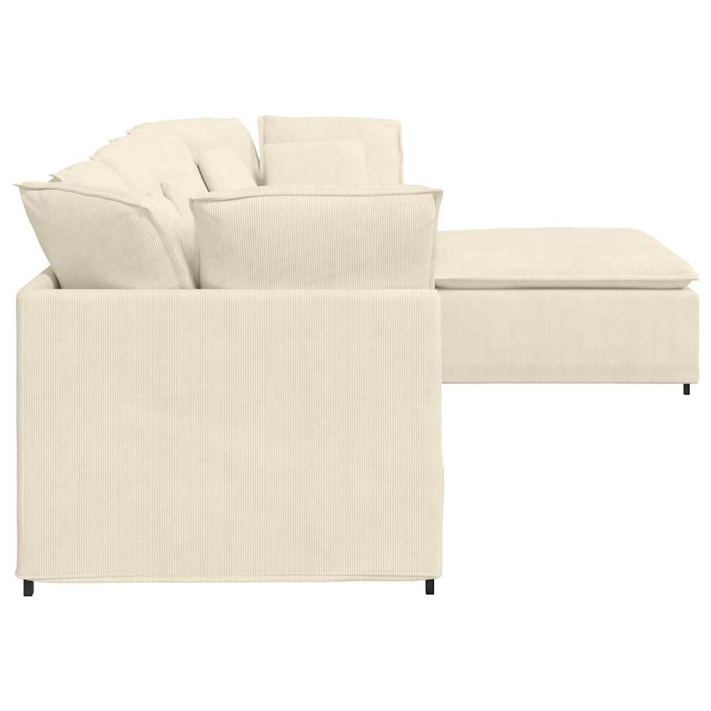 Sofá modular com pufes e almofadas tecido corduroy creme