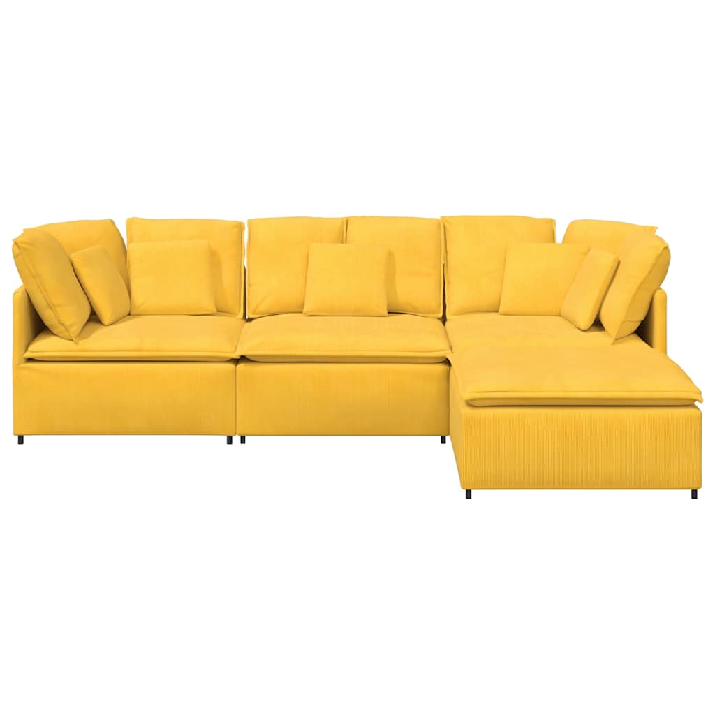 Sofá modular c/ pufes almofadas tecido corduroy amarelo-claro