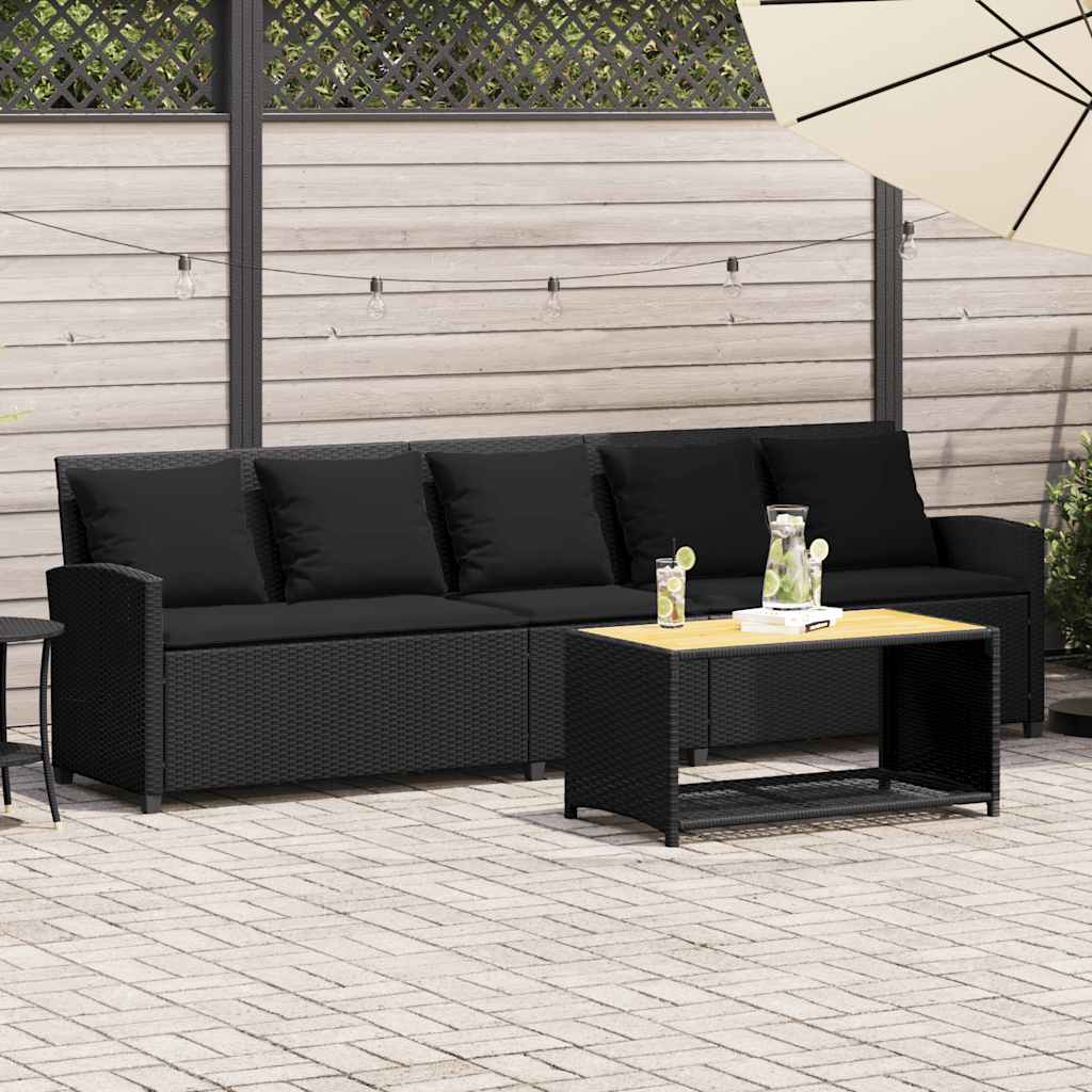 Sofá de jardim 5 lugares com almofadões vime PE preto