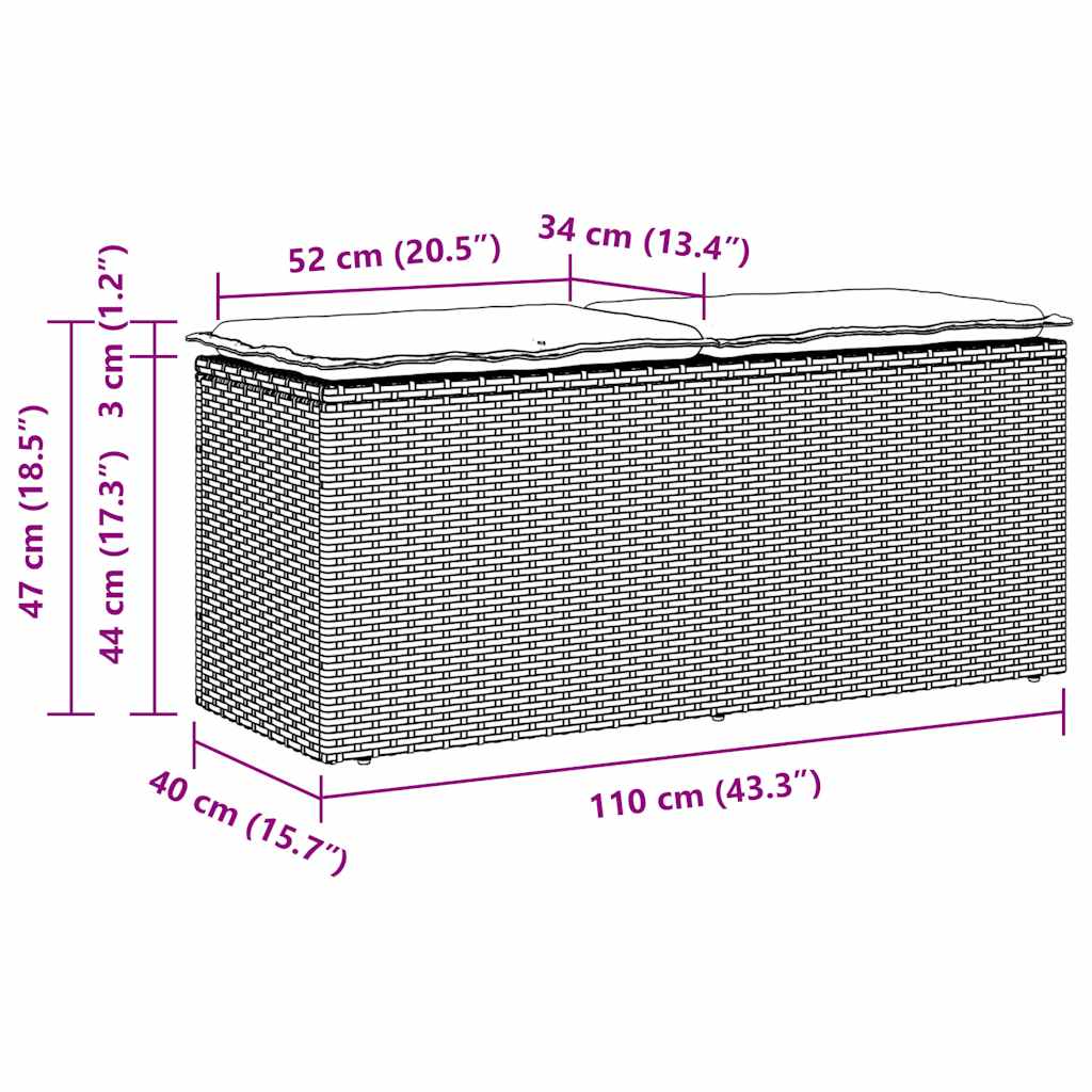 Banco de jardim com almofadão 110x40x44 cm vime PE cinzento