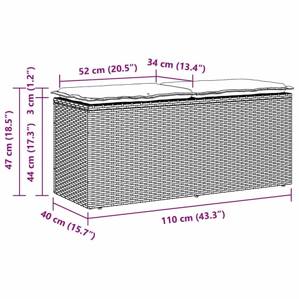Banco de jardim com almofadão 110x40x44 cm vime PE bege