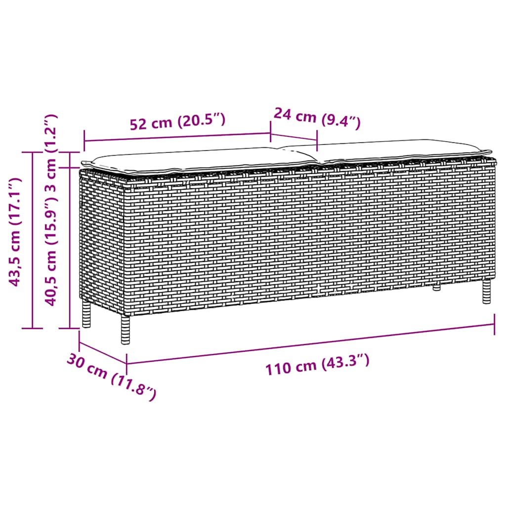 Banco de jardim com almofadão 110x30x40,5 cm vime PE