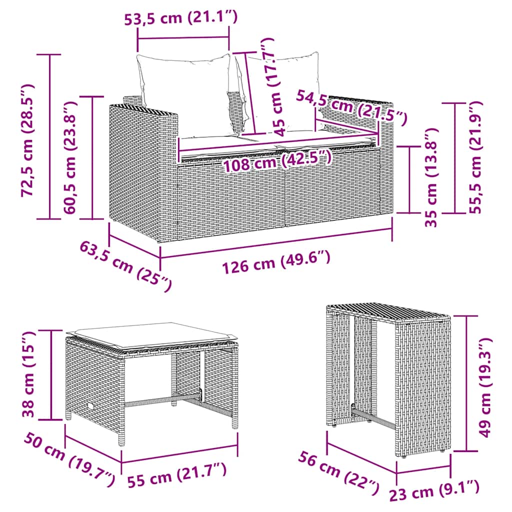 5 pcs conjunto sofás de jardim c/ almofadões empilhável vime PE