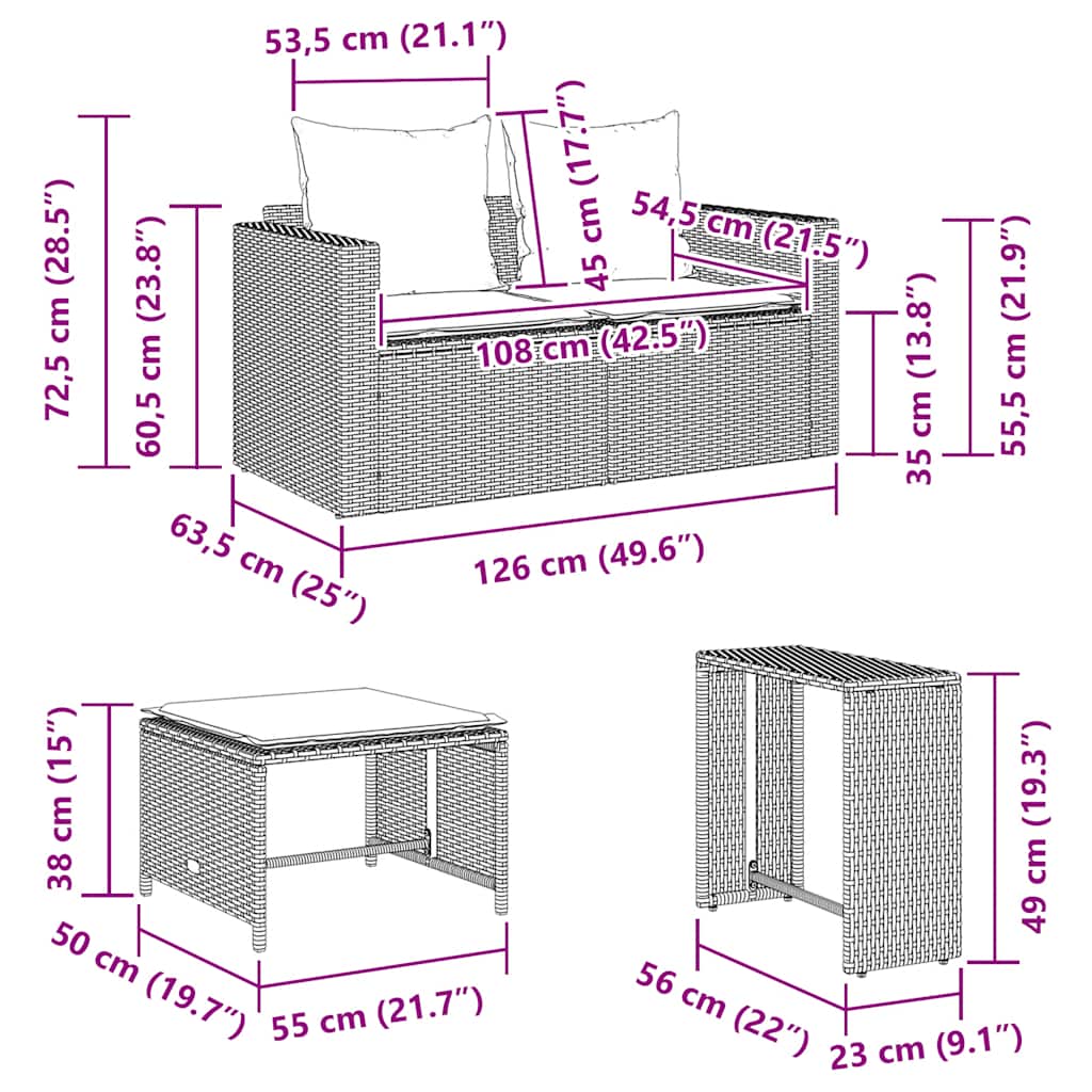5 pcs conjunto sofás de jardim c/ almofadões empilhável vime PE