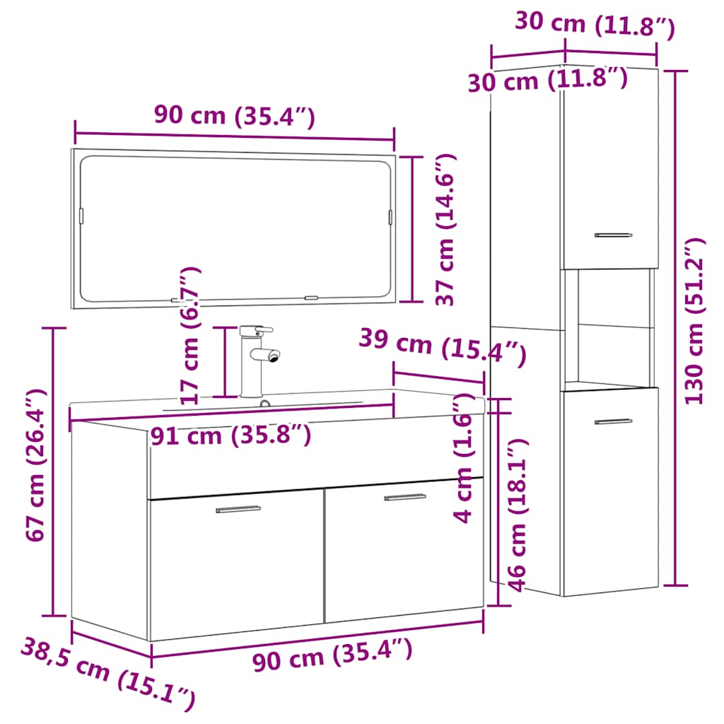 4 pcs conj. móveis casa banho derivados madeira cinza cimento