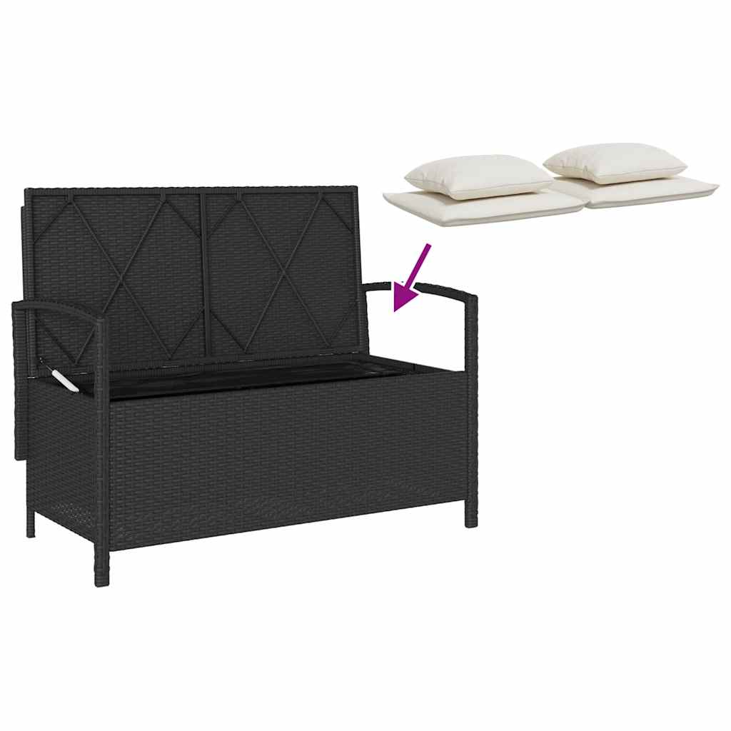 Banco de jardim para arrumação com almofada vime PE preto