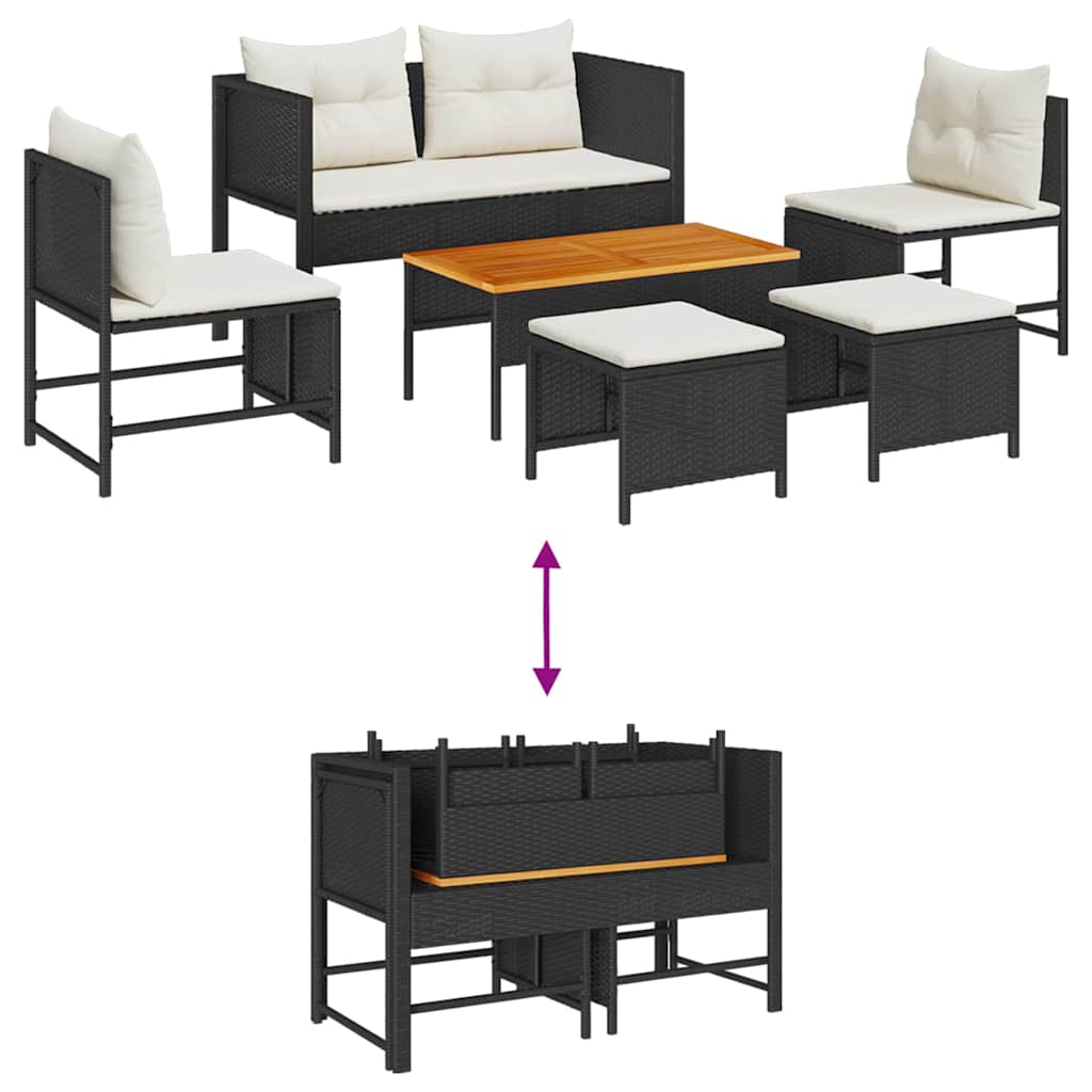 Conjunto de Sofá de Jardim 6 pcs Preto e creme vime PE
