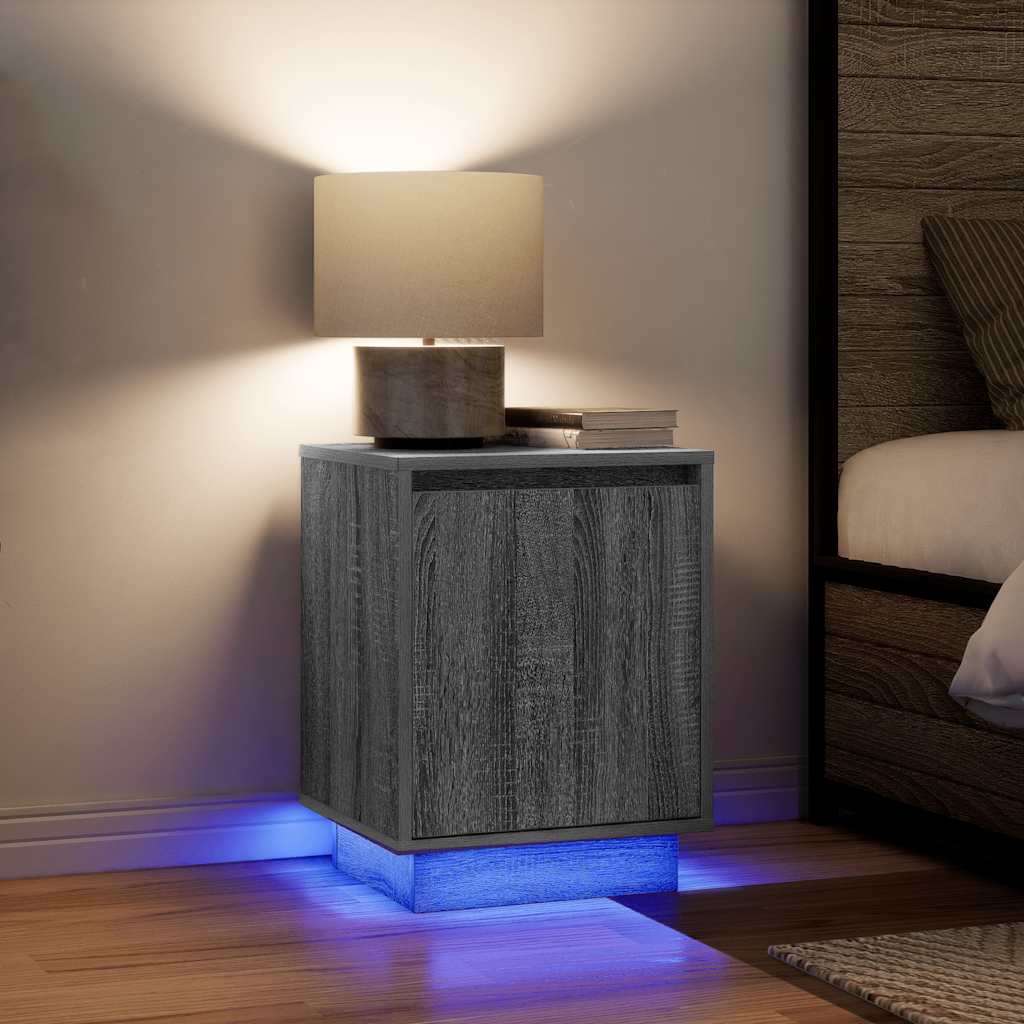 Mesa de cabeceira com luzes LED 38x34x50 cm cinzento-sonoma