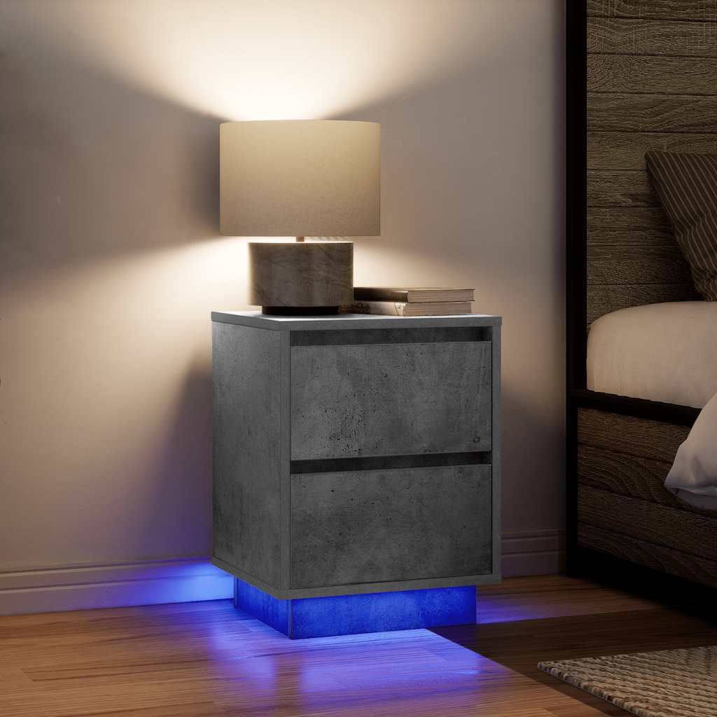 Mesa de cabeceira com luzes LED 38x34x50 cm cinzento-cimento