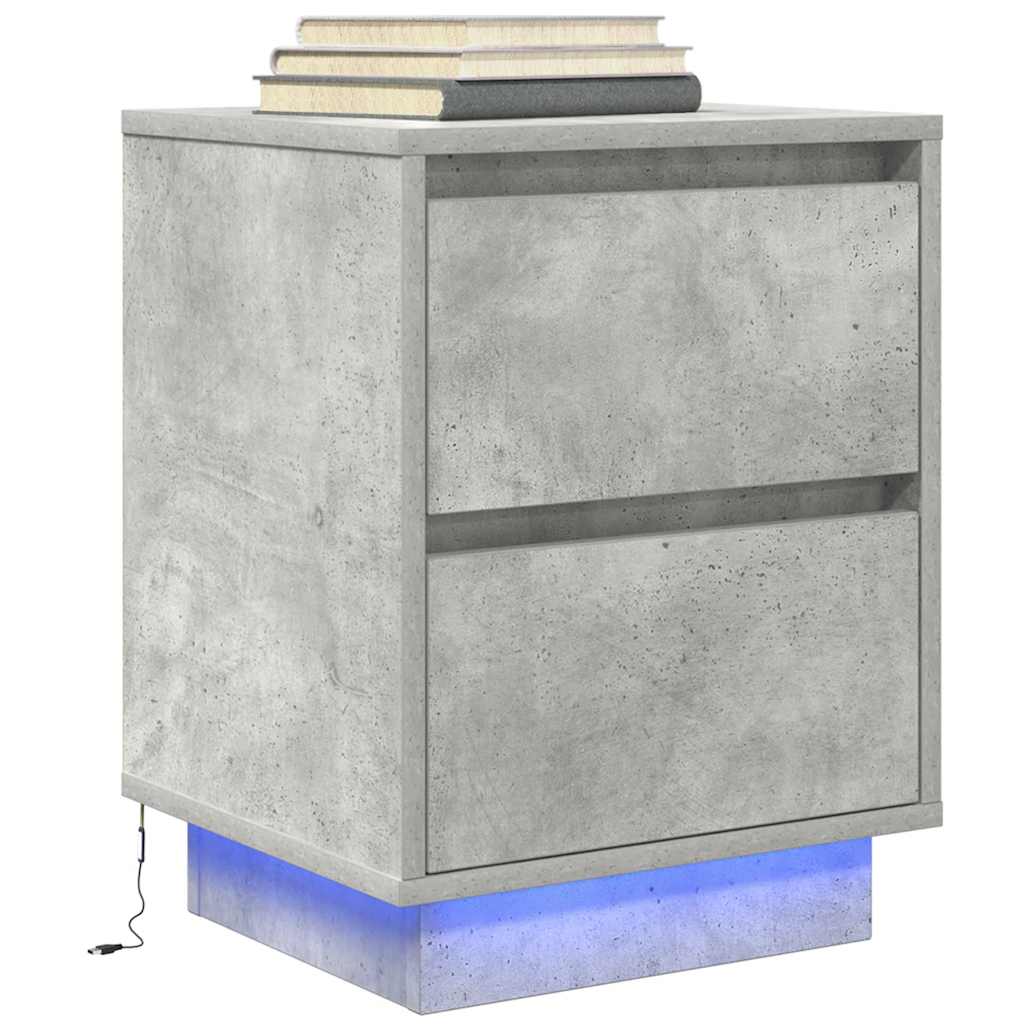 Mesa de cabeceira com luzes LED 38x34x50 cm cinzento-cimento