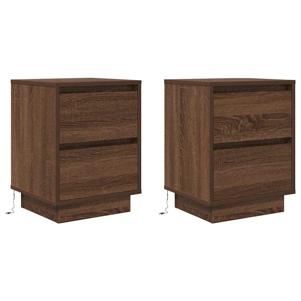 Mesas cabeceira c/ luzes LED 2 pcs 38x34x50cm carvalho castanho
