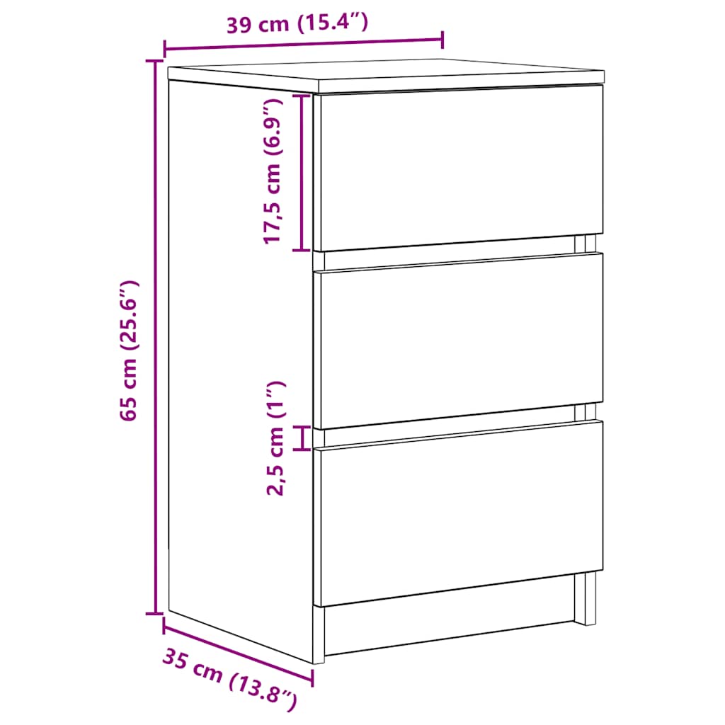 Mesa de cabeceira com 3 gavetas 39x35x65 cm carvalho sonoma
