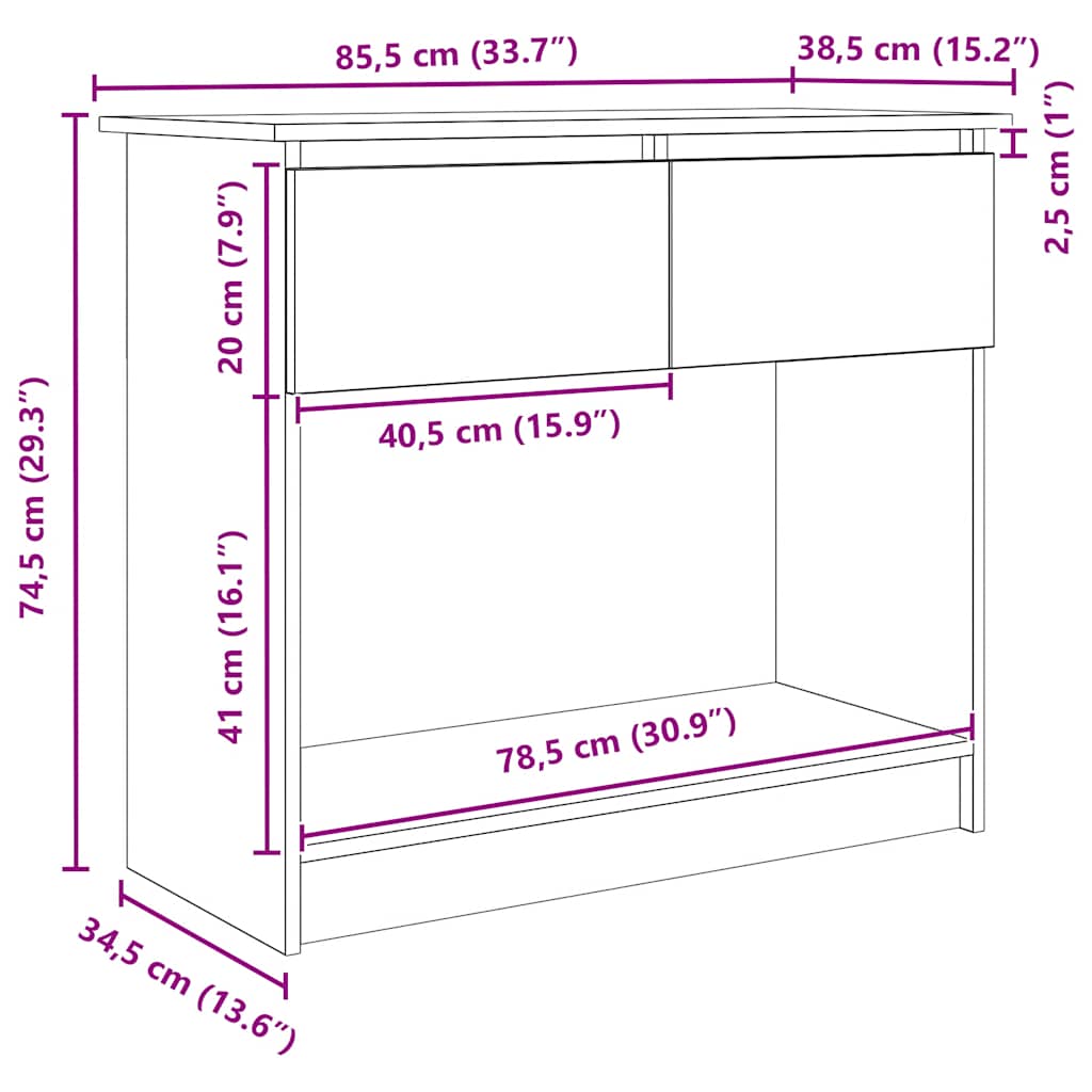 Mesa consola com gavetas 85,5x38,5x74,5 cm carvalho fumado