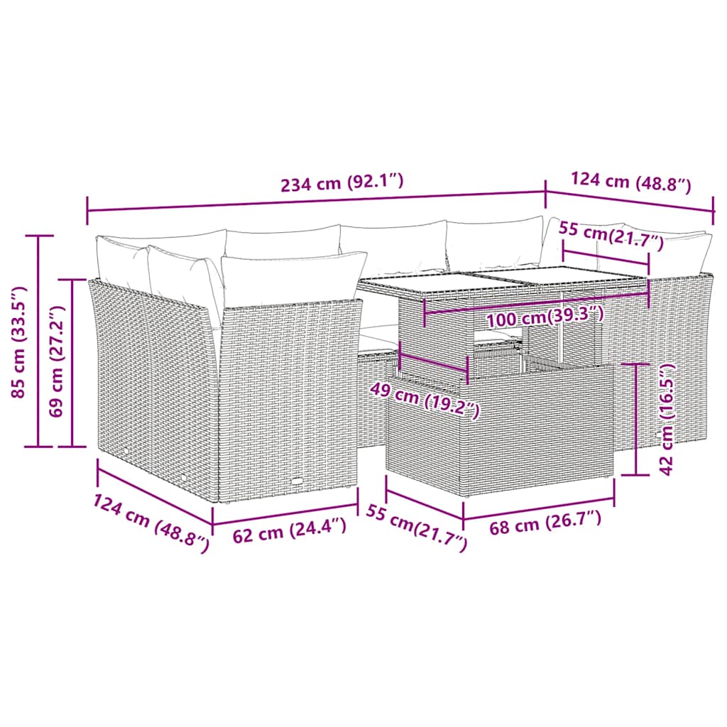 7 pcs conjunto sofás jardim almofadões vime PE/acácia cinzento