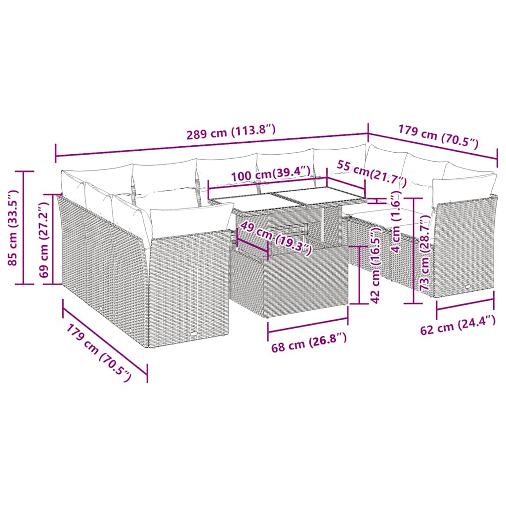 10 pcs conjunto de sofás p/ jardim com almofadões vime PE bege