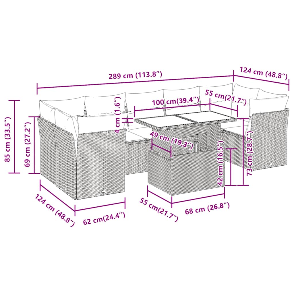 10 pcs conj. sofás jardim com almofadões vime PE cinzento-claro