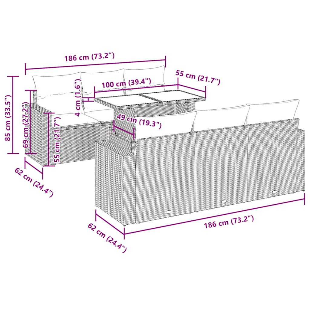 7 pcs conjunto de sofás p/ jardim com almofadões vime PE bege