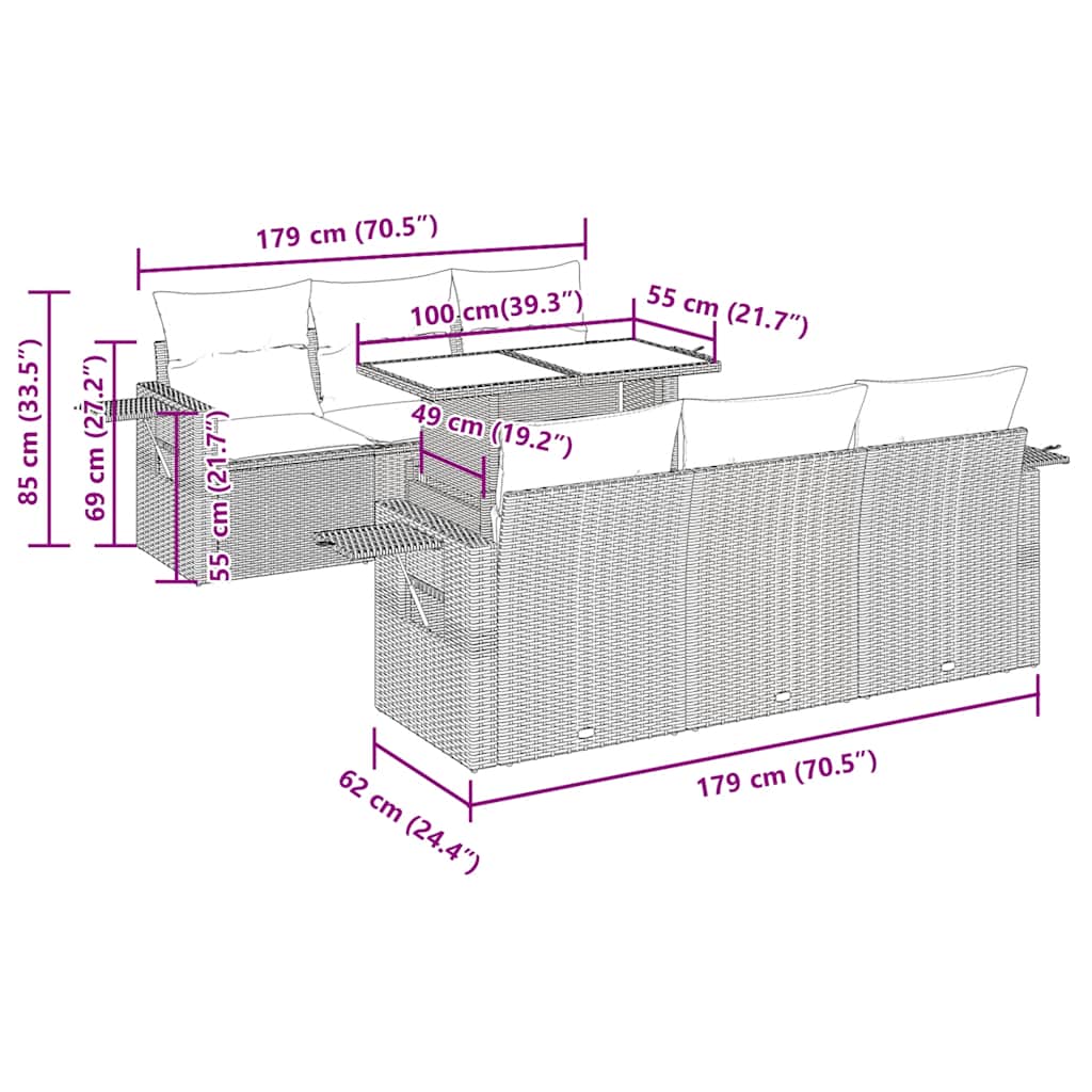 7 pcs conjunto sofás jardim almofadões vime PE/acácia castanho