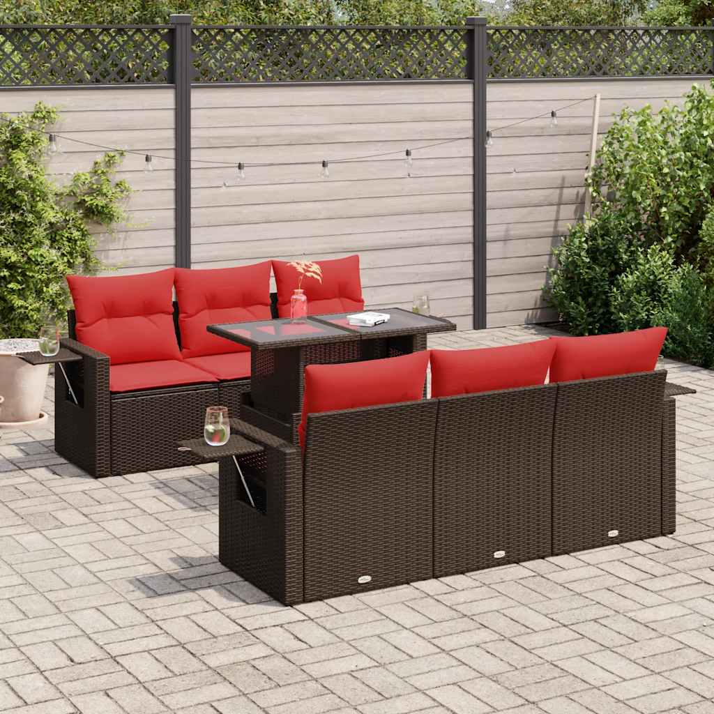 7 pcs conjunto sofás jardim almofadões vime PE/acácia castanho