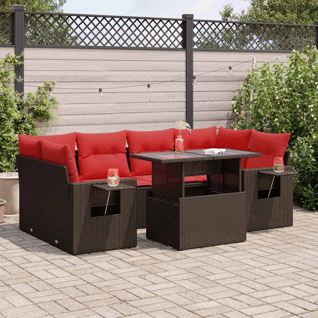 7 pcs conjunto sofás jardim almofadões vime PE/acácia castanho