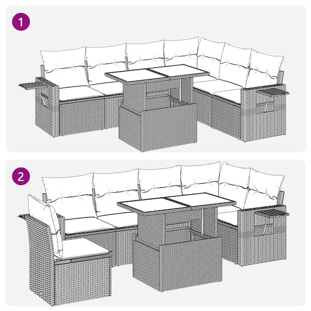 7 pcs conjunto sofás jardim c/ almofadões vime PE cinzento
