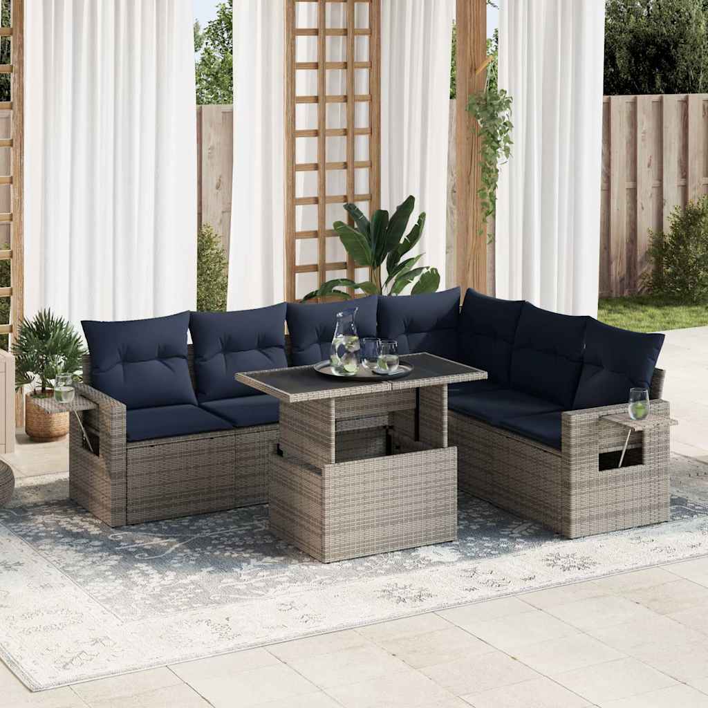 7 pcs conjunto sofás jardim c/ almofadões vime PE cinzento