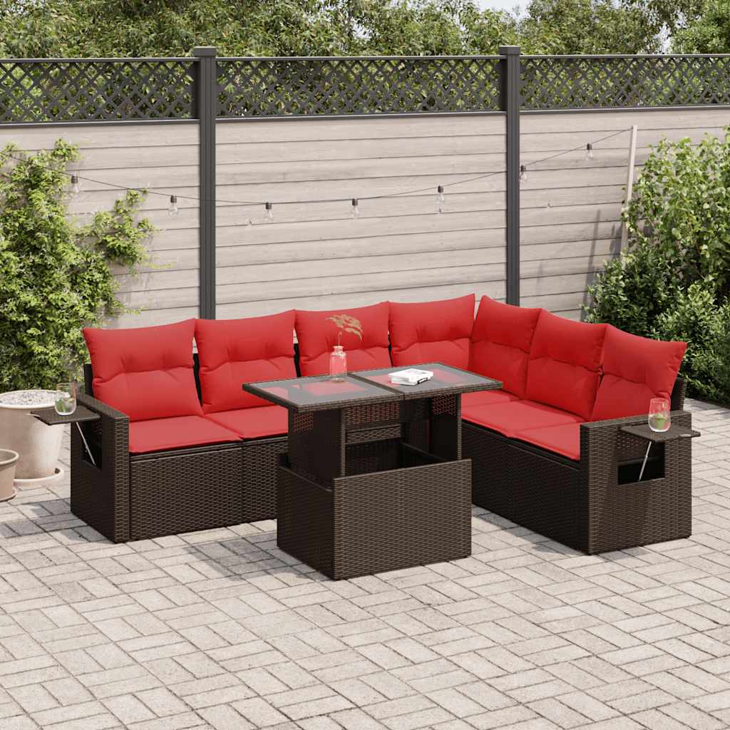 7 pcs conjunto sofás jardim almofadões vime PE/acácia castanho