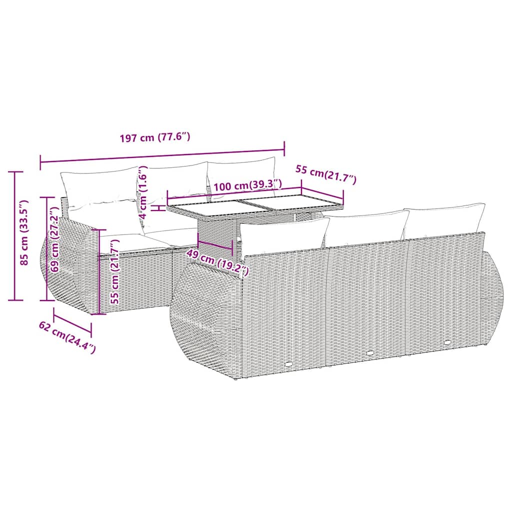 7 pcs conjunto sofás jardim almofadões vime PE/acácia cinzento