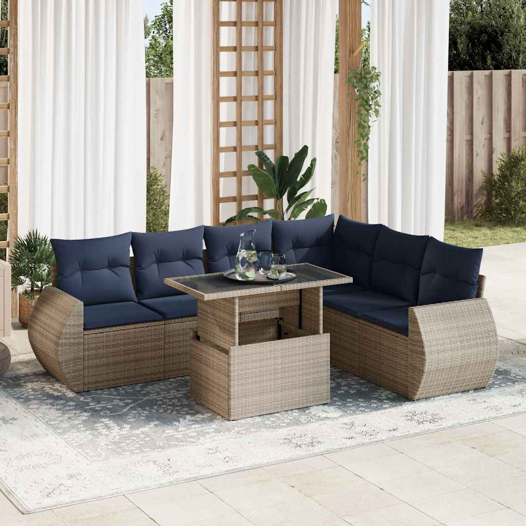 7 pcs conjunto sofás jardim almofadões vime PE/acácia cinzento