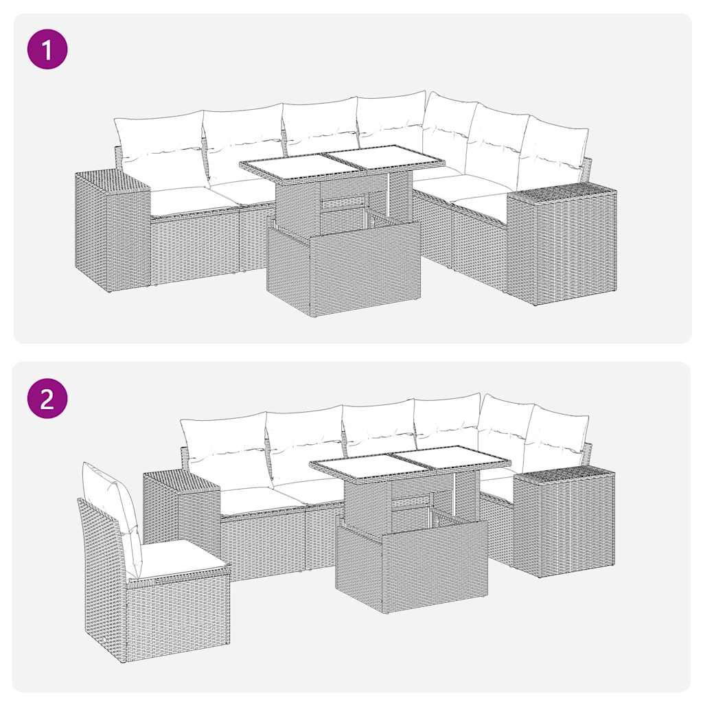 7 pcs conjunto sofás jardim almofadões vime PE/acácia cinzento