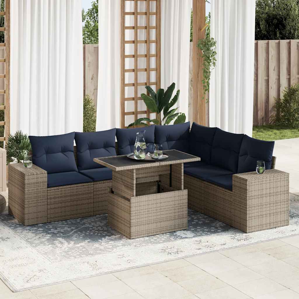 7 pcs conjunto sofás jardim almofadões vime PE/acácia cinzento