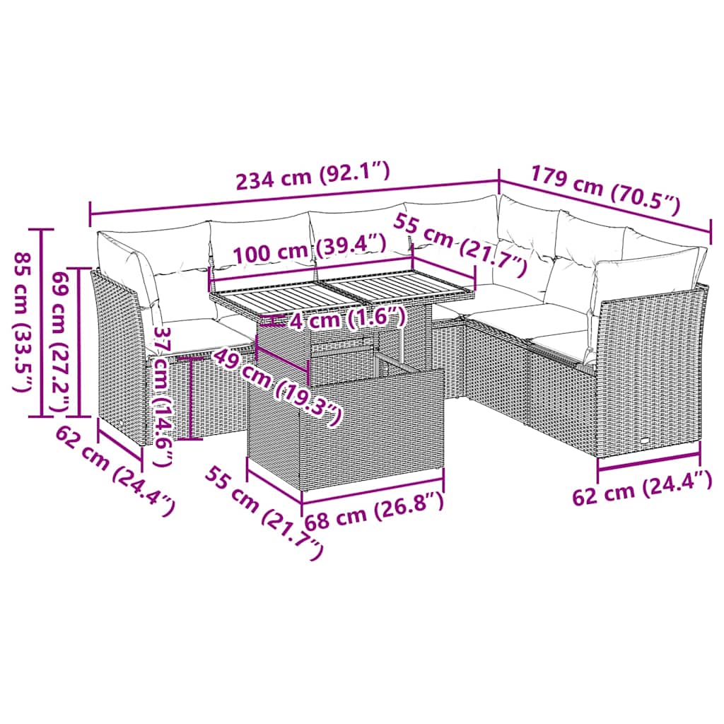 7 pcs conjunto de sofás p/ jardim com almofadões vime PE bege