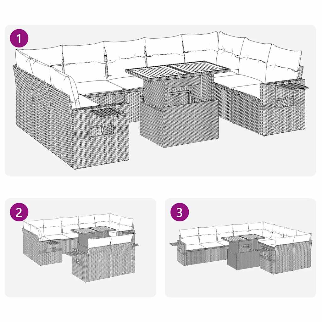 10 pcs conjunto sofás de jardim c/ almofadões vime PE cinzento