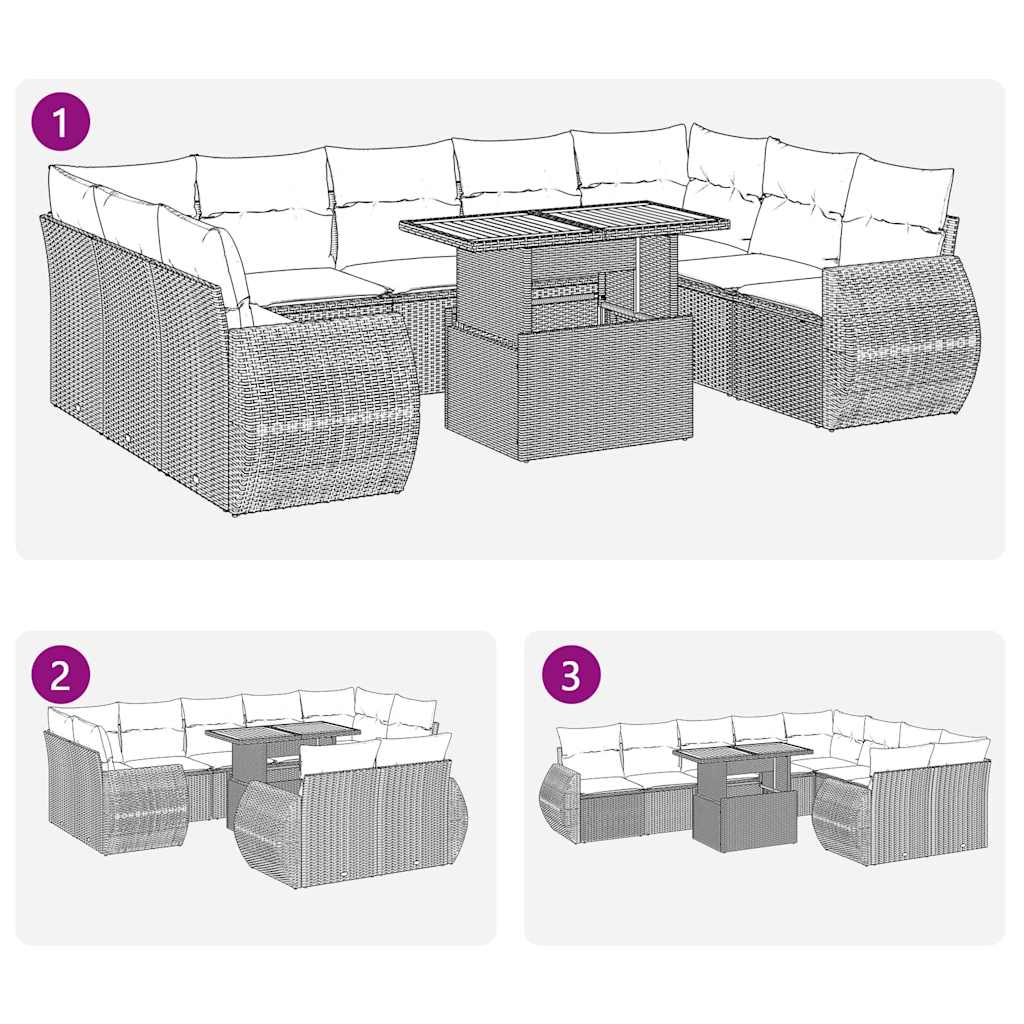 10 pcs conjunto sofás de jardim c/ almofadões vime PE cinzento