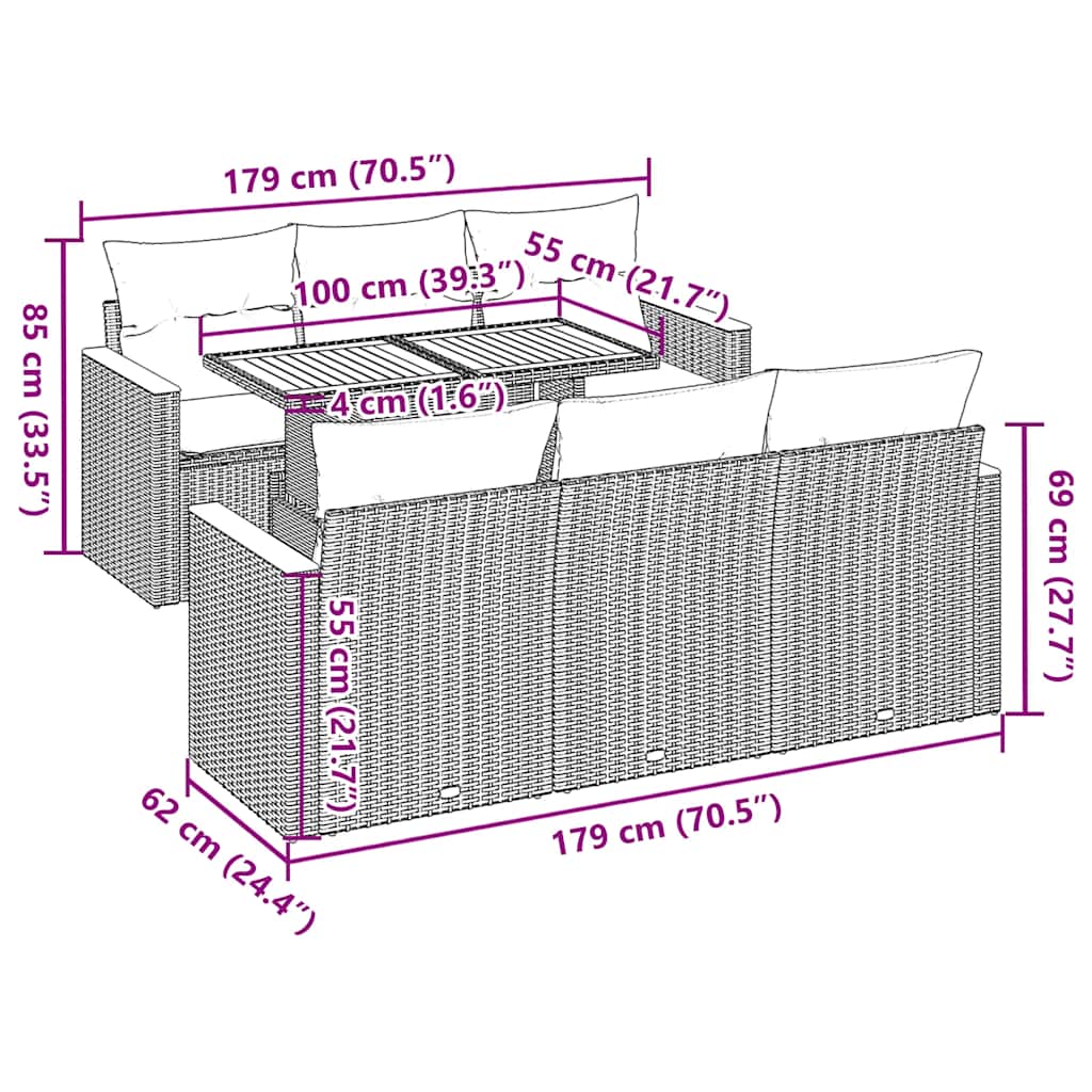 7 pcs conjunto sofás jardim com almofadões vime PE/acácia bege